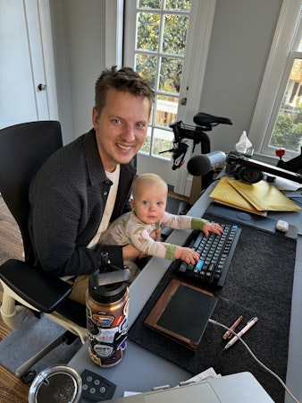 My son Noah and I working in my office